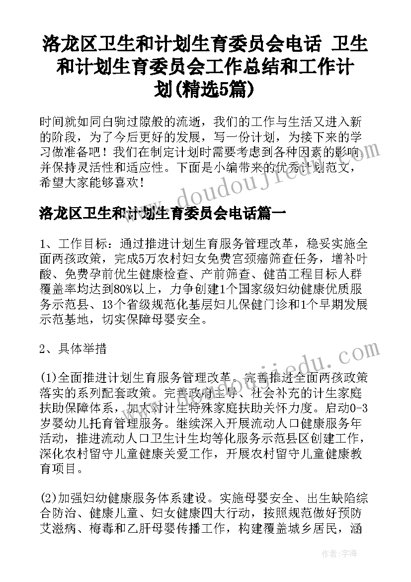 洛龙区卫生和计划生育委员会电话 卫生和计划生育委员会工作总结和工作计划(精选5篇)