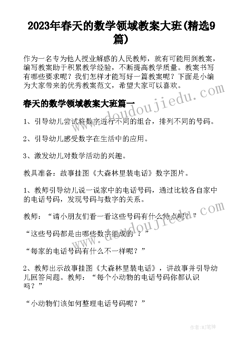 2023年春天的数学领域教案大班(精选9篇)