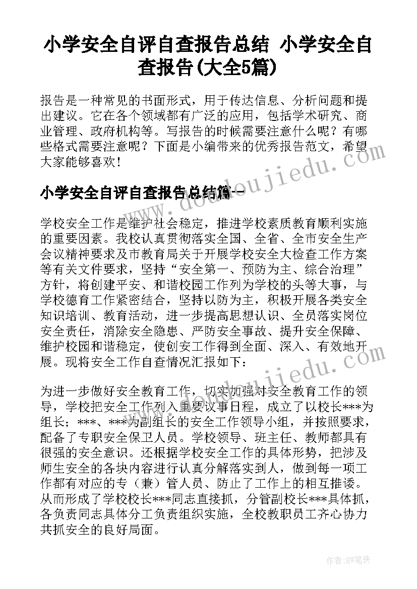 小学安全自评自查报告总结 小学安全自查报告(大全5篇)