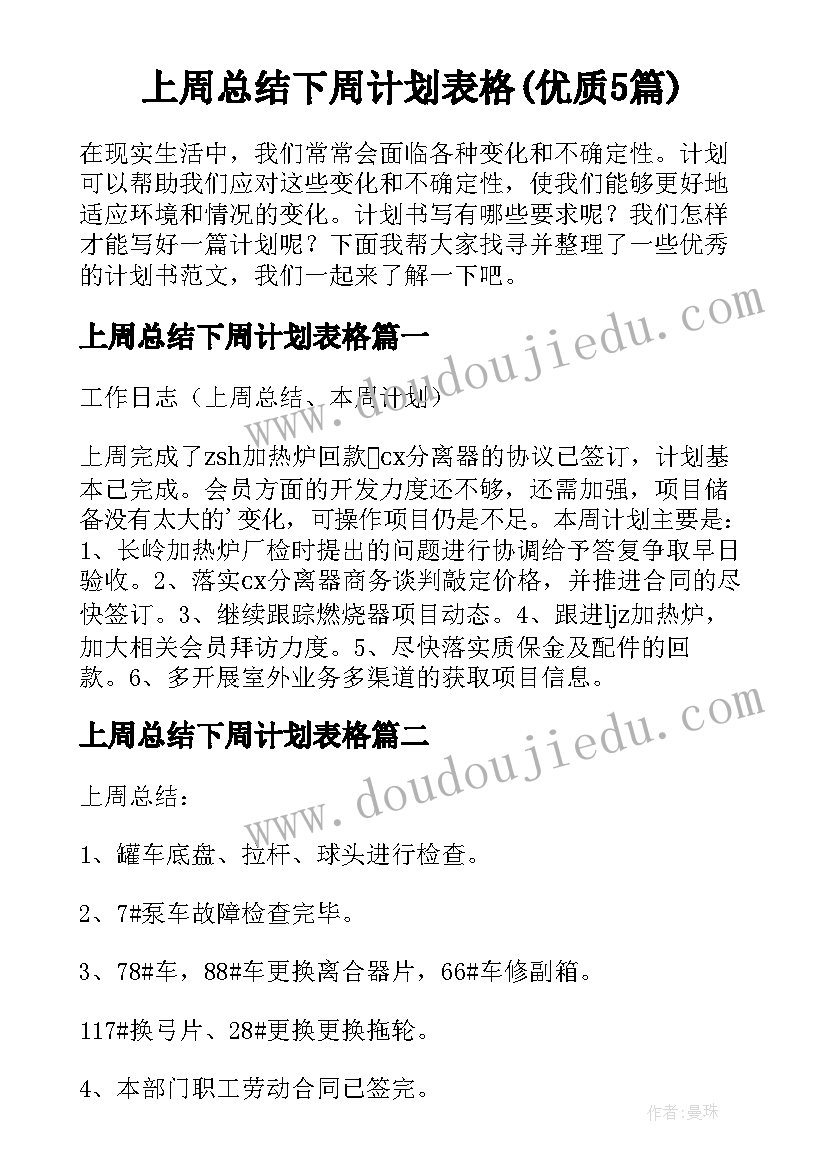 上周总结下周计划表格(优质5篇)