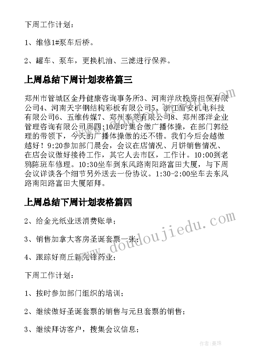 上周总结下周计划表格(优质5篇)