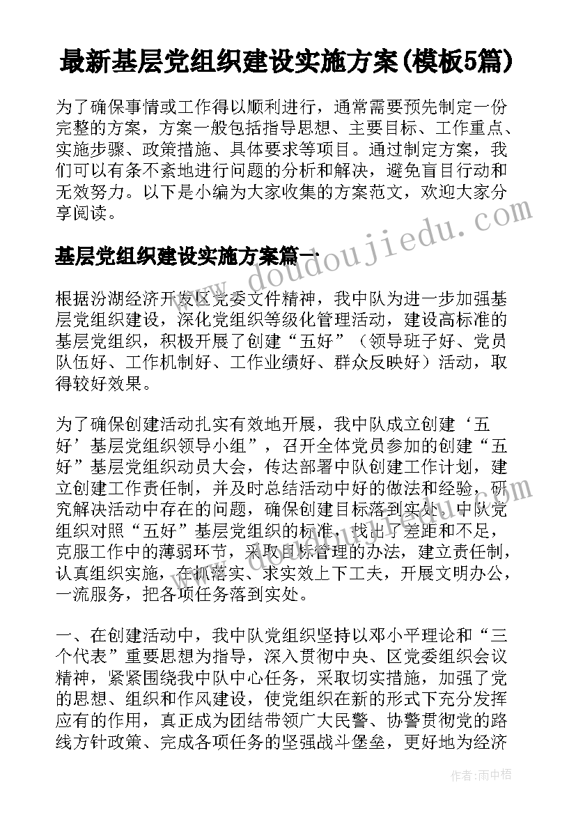 最新基层党组织建设实施方案(模板5篇)