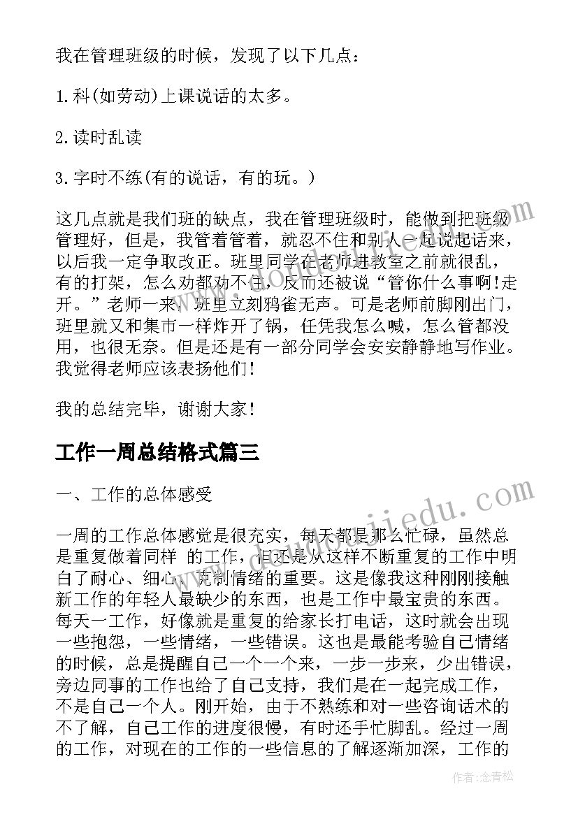 最新工作一周总结格式 个人一周工作总结(模板8篇)