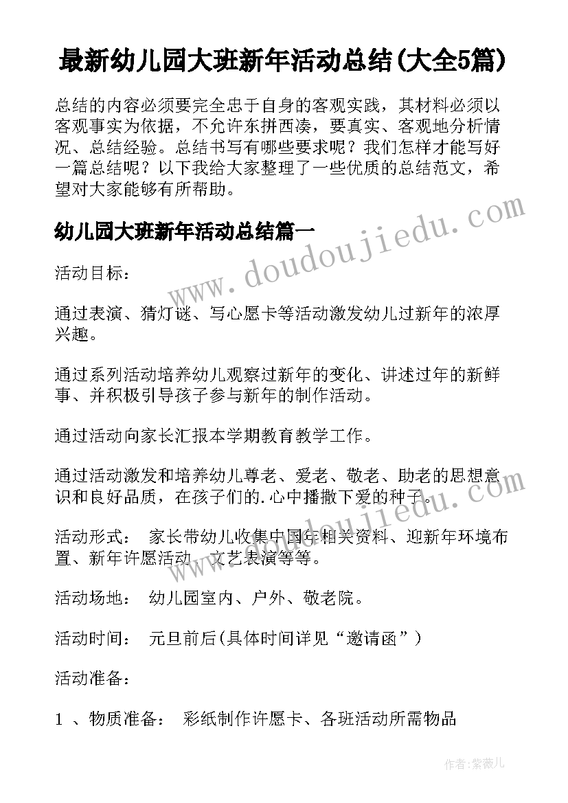 最新幼儿园大班新年活动总结(大全5篇)