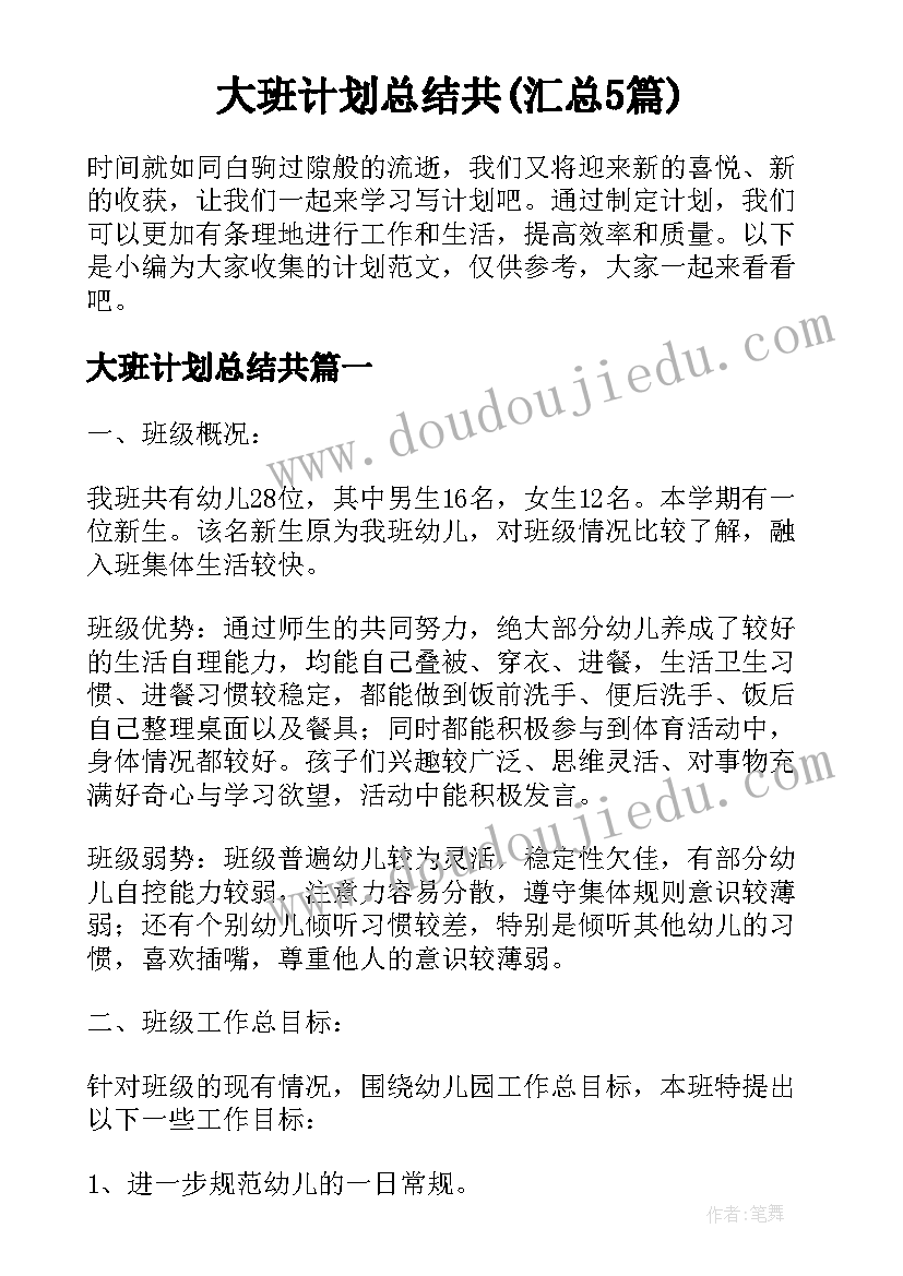 大班计划总结共(汇总5篇)