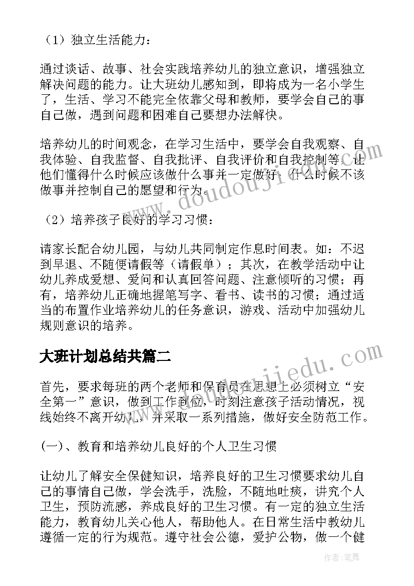 大班计划总结共(汇总5篇)