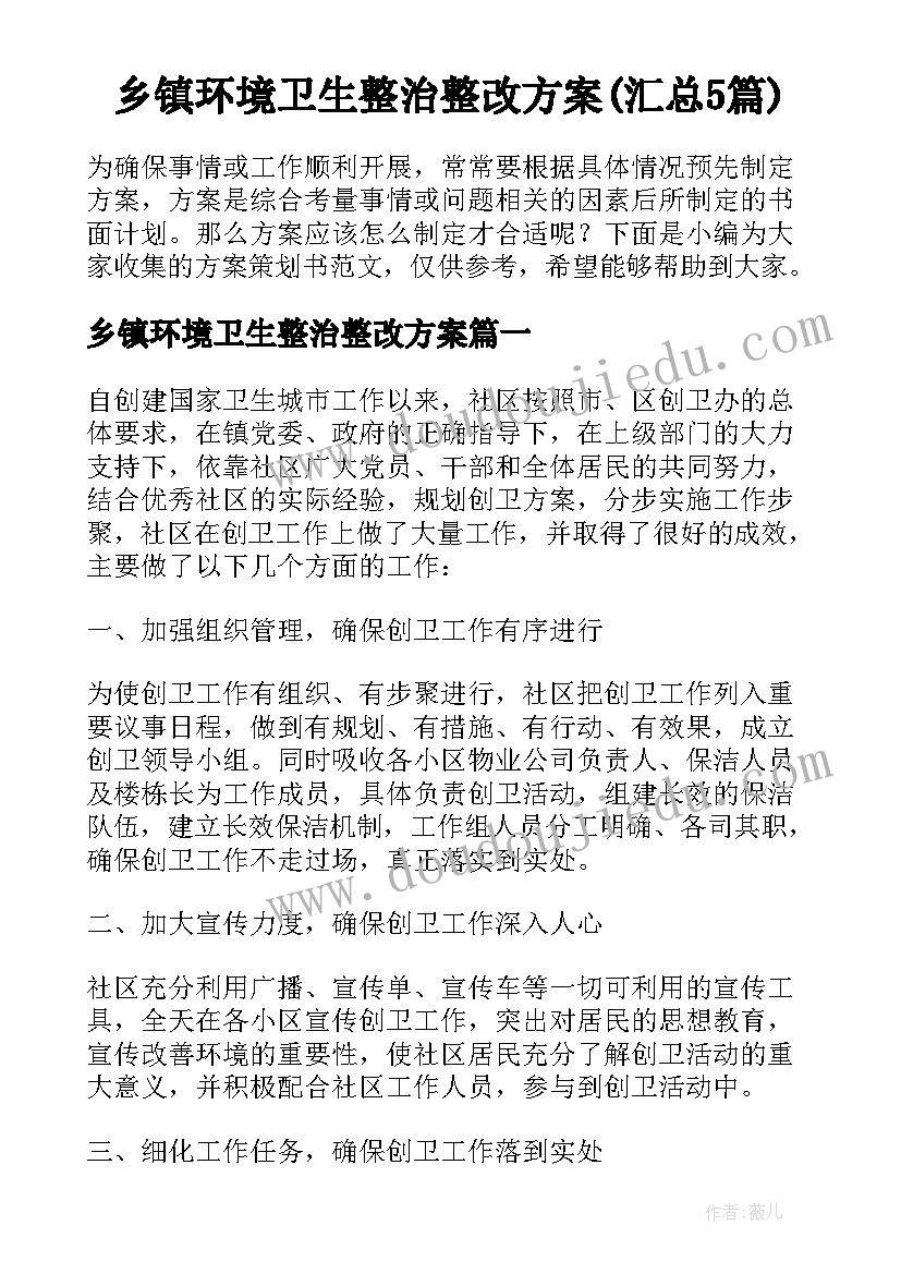 乡镇环境卫生整治整改方案(汇总5篇)