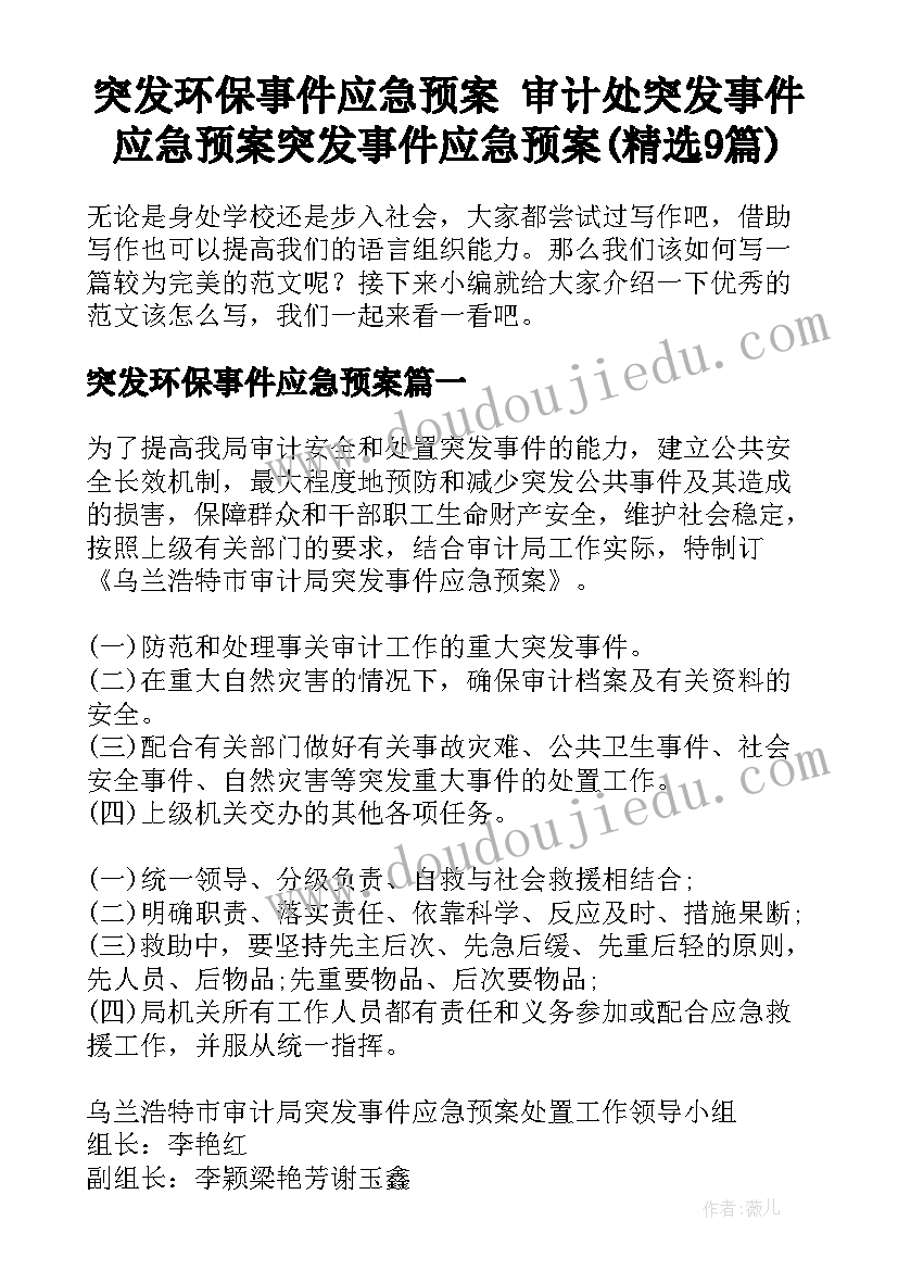 突发环保事件应急预案 审计处突发事件应急预案突发事件应急预案(精选9篇)