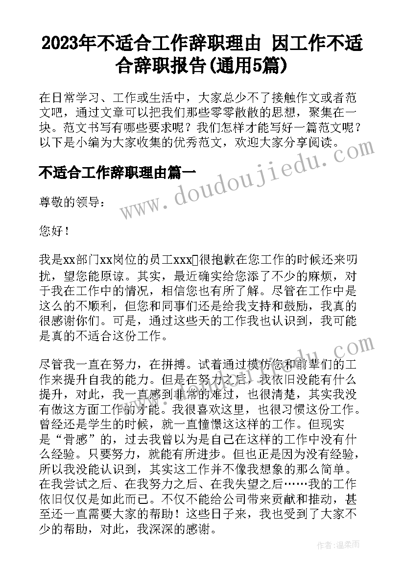 2023年不适合工作辞职理由 因工作不适合辞职报告(通用5篇)