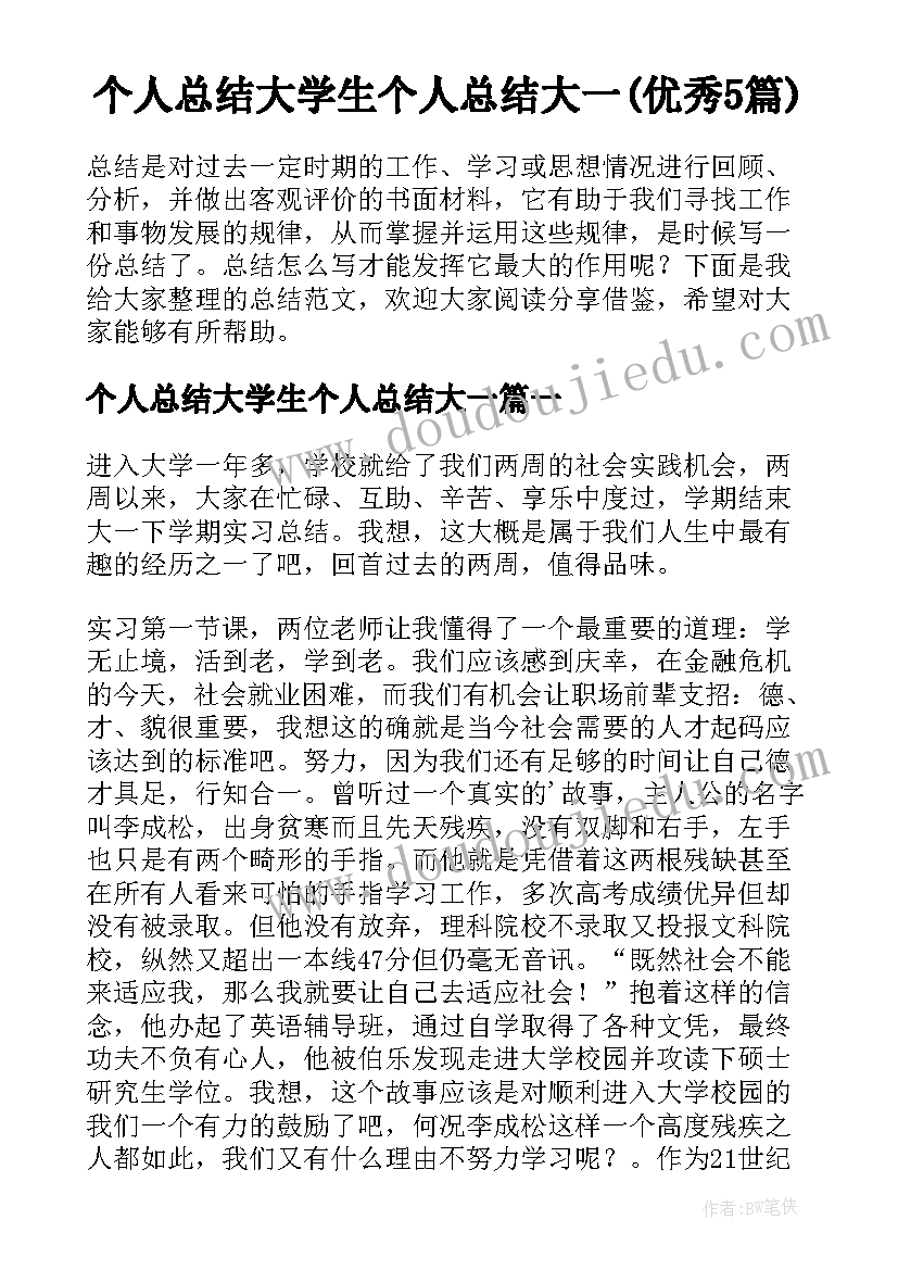 个人总结大学生个人总结大一(优秀5篇)