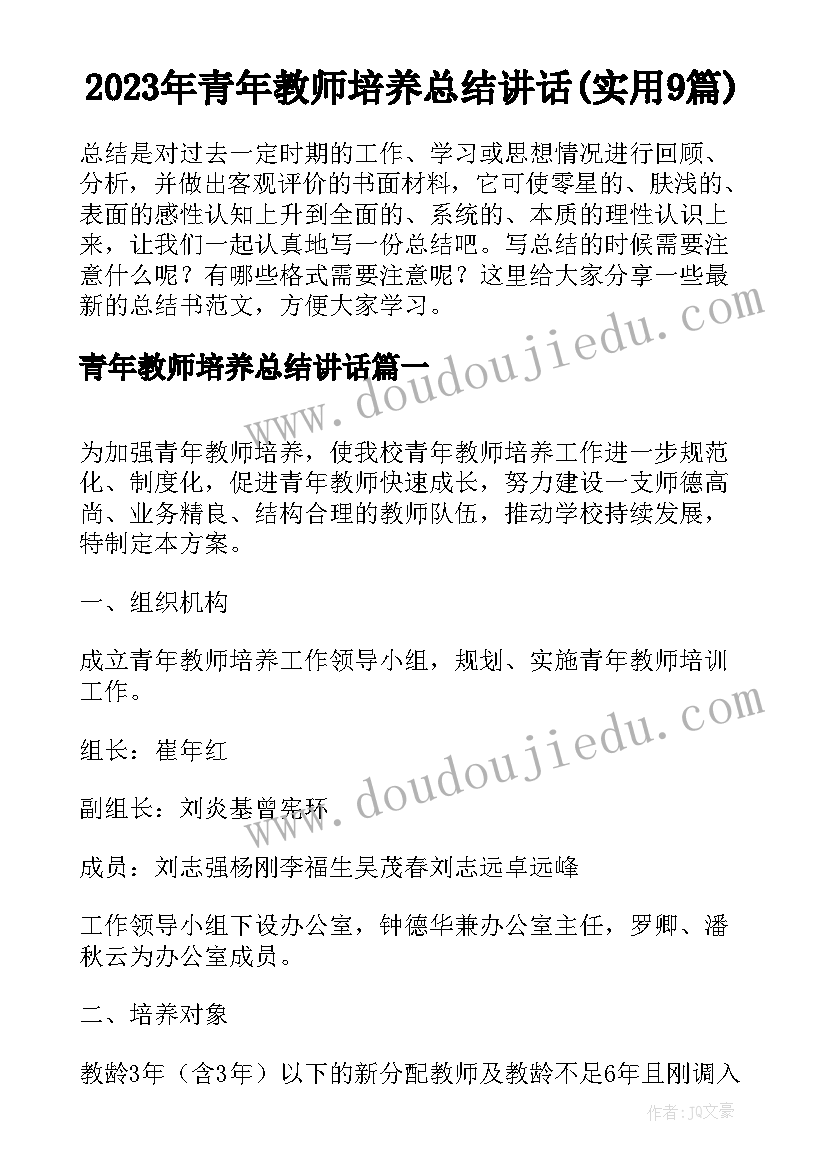 2023年青年教师培养总结讲话(实用9篇)