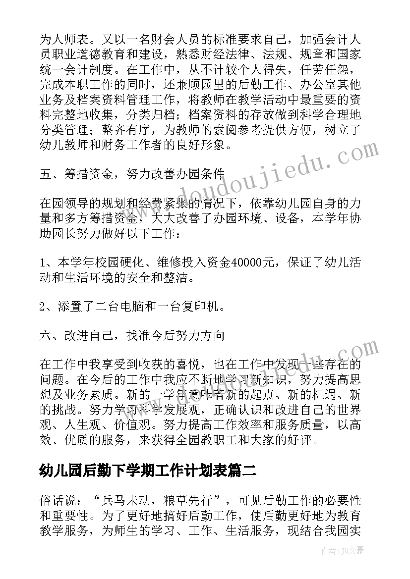 幼儿园后勤下学期工作计划表(汇总7篇)