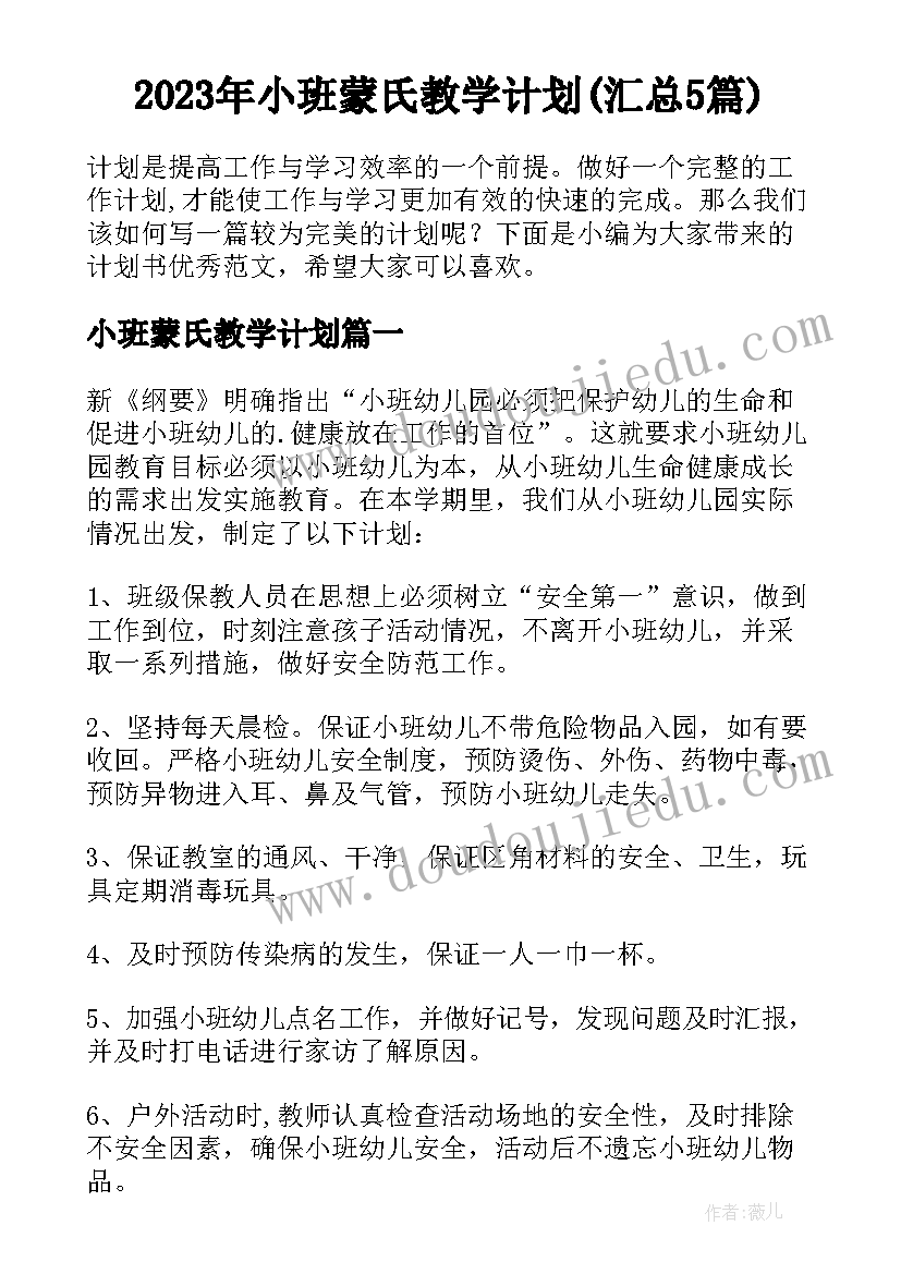 2023年小班蒙氏教学计划(汇总5篇)