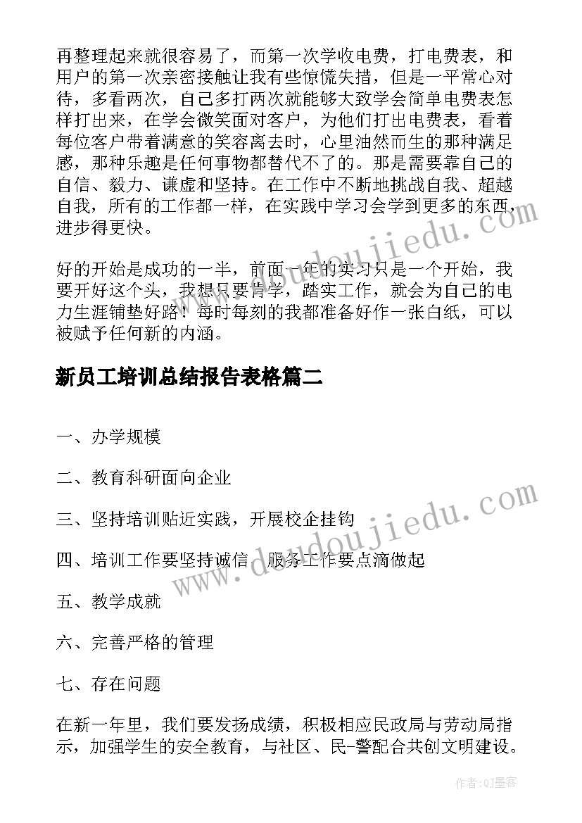 新员工培训总结报告表格(优质5篇)