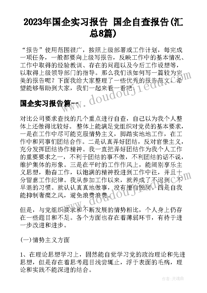 2023年国企实习报告 国企自查报告(汇总8篇)