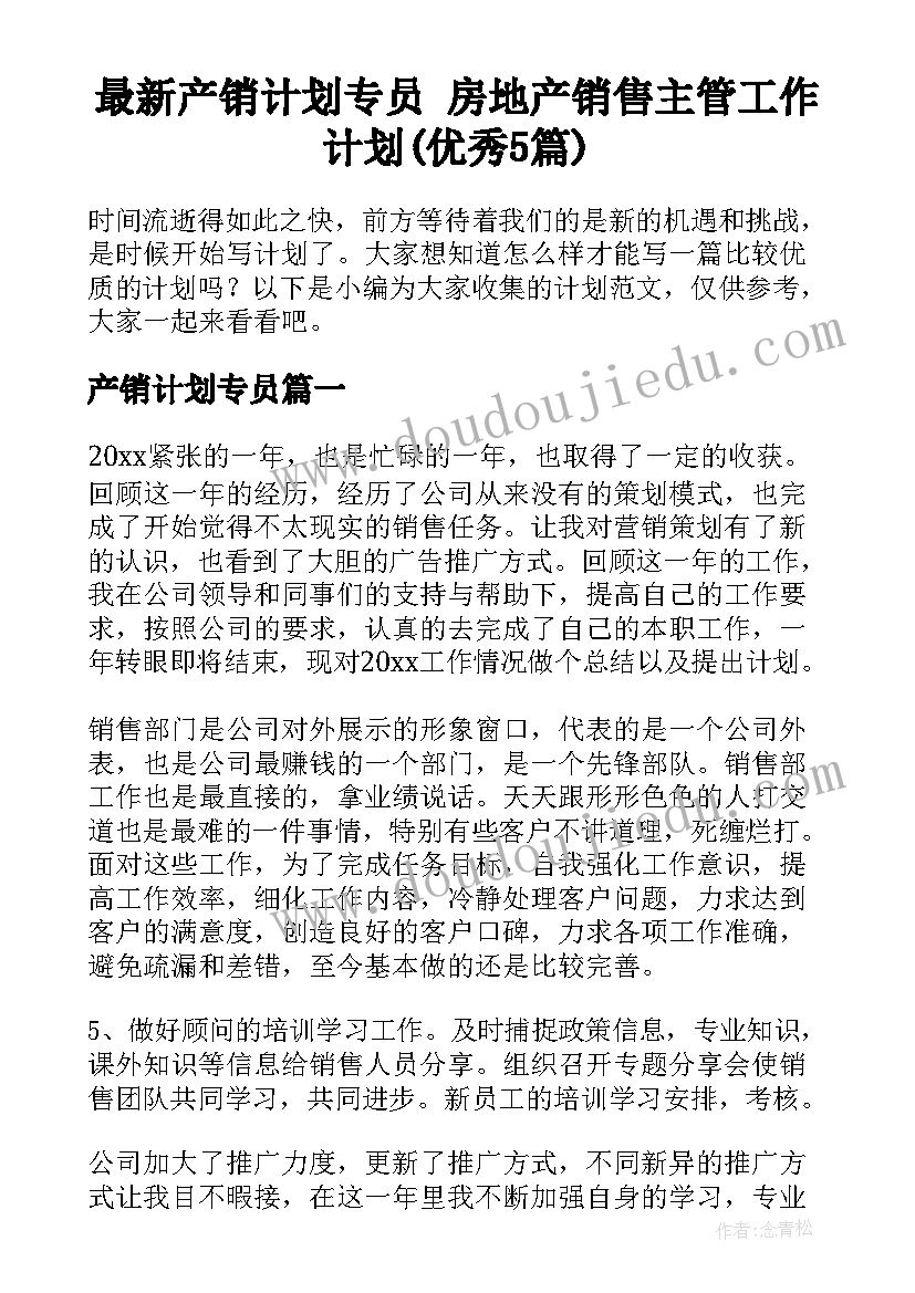 最新产销计划专员 房地产销售主管工作计划(优秀5篇)