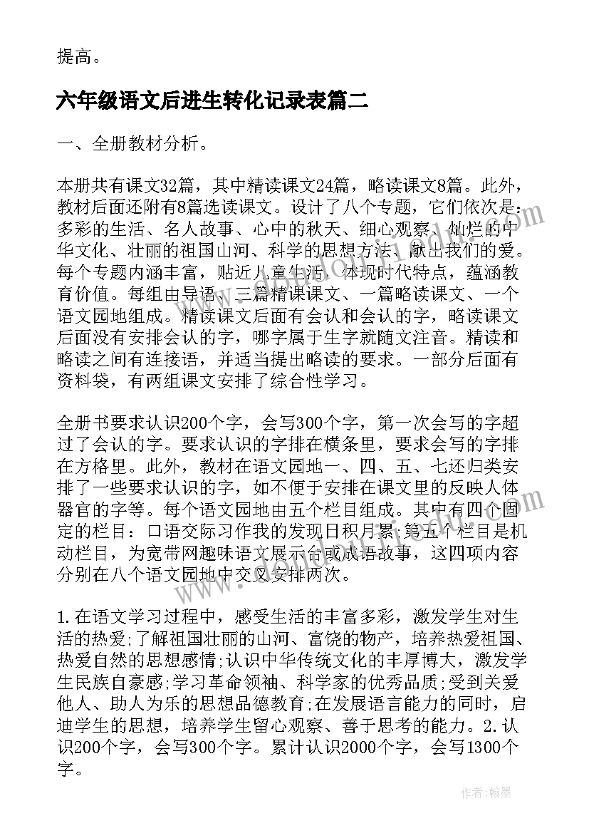 六年级语文后进生转化记录表 部编教材六年级语文个人教学计划(模板9篇)