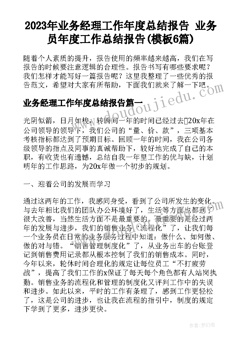 2023年业务经理工作年度总结报告 业务员年度工作总结报告(模板6篇)