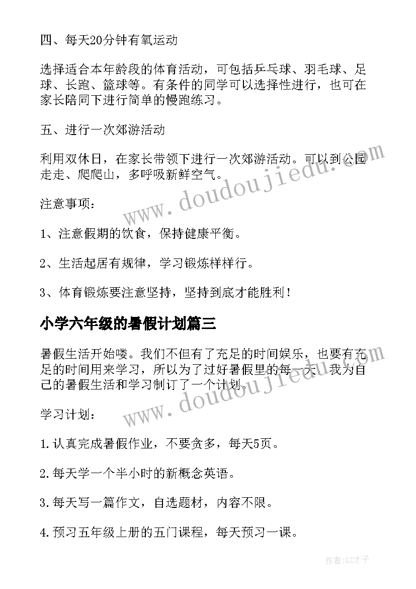 最新小学六年级的暑假计划(模板6篇)