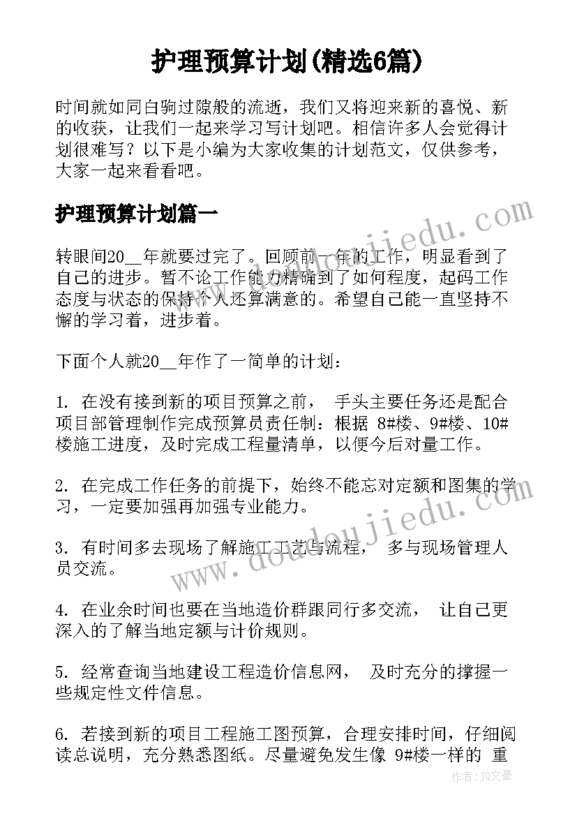 护理预算计划(精选6篇)