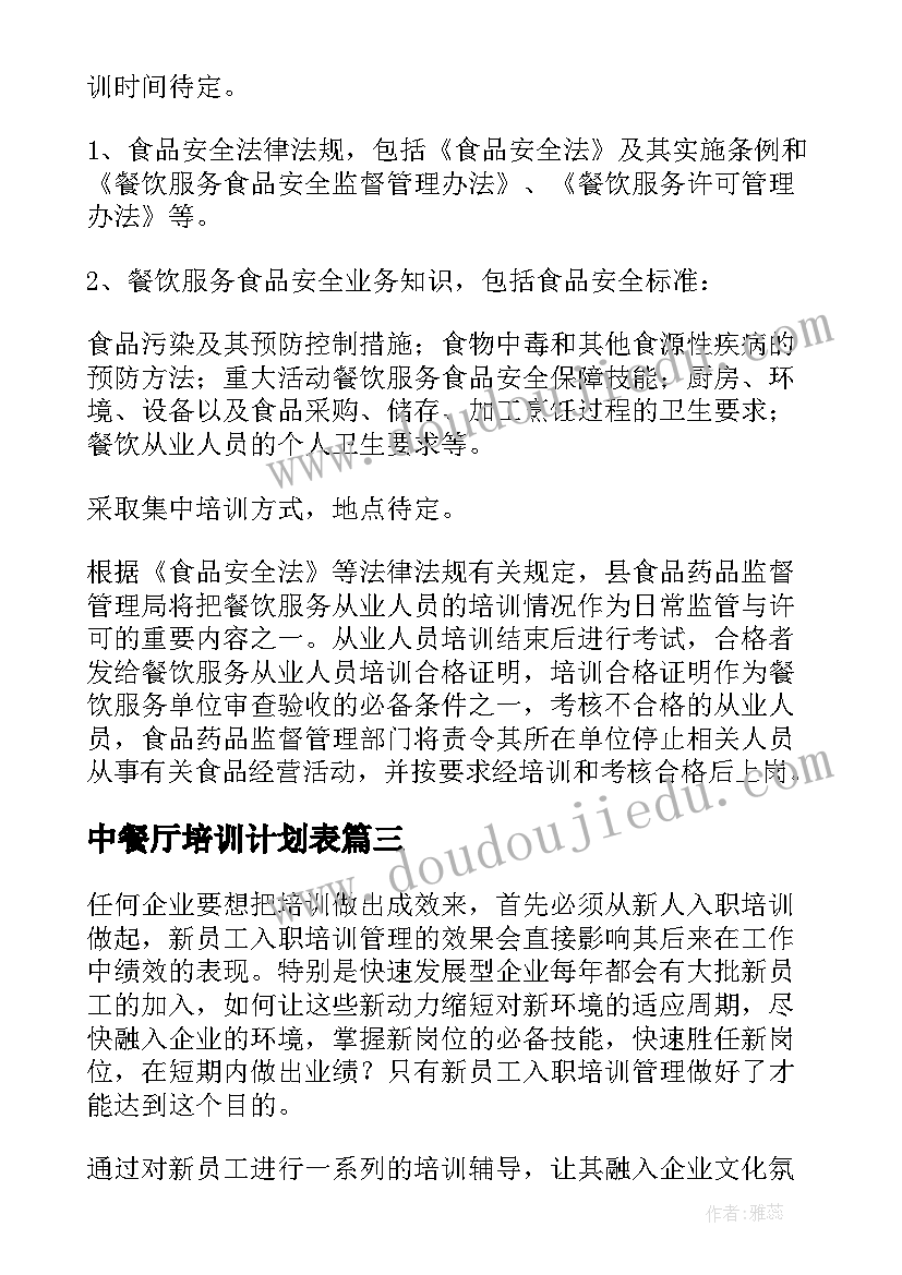 2023年中餐厅培训计划表 教师培训计划表(通用10篇)