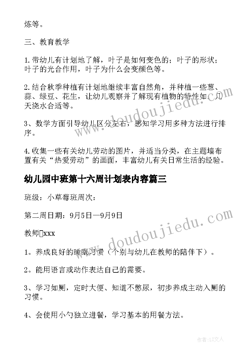 最新幼儿园中班第十六周计划表内容(模板5篇)