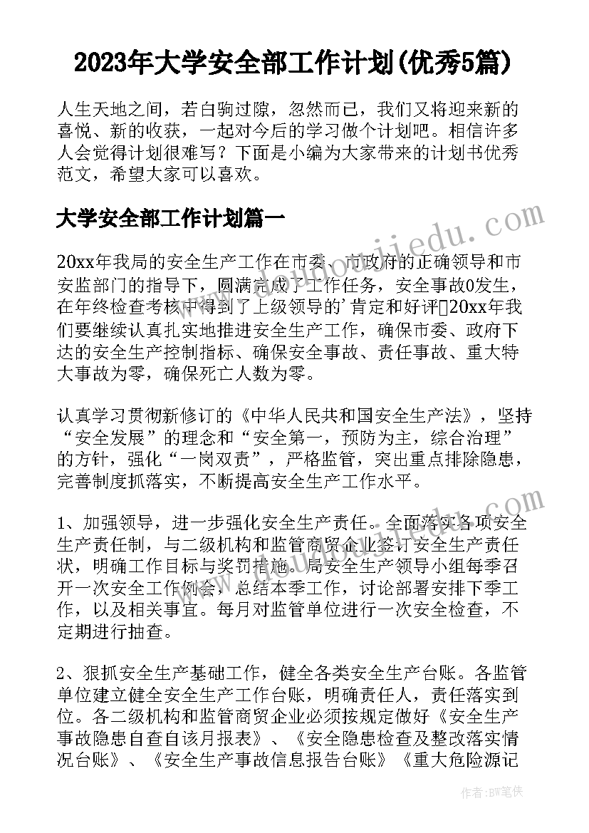 2023年大学安全部工作计划(优秀5篇)