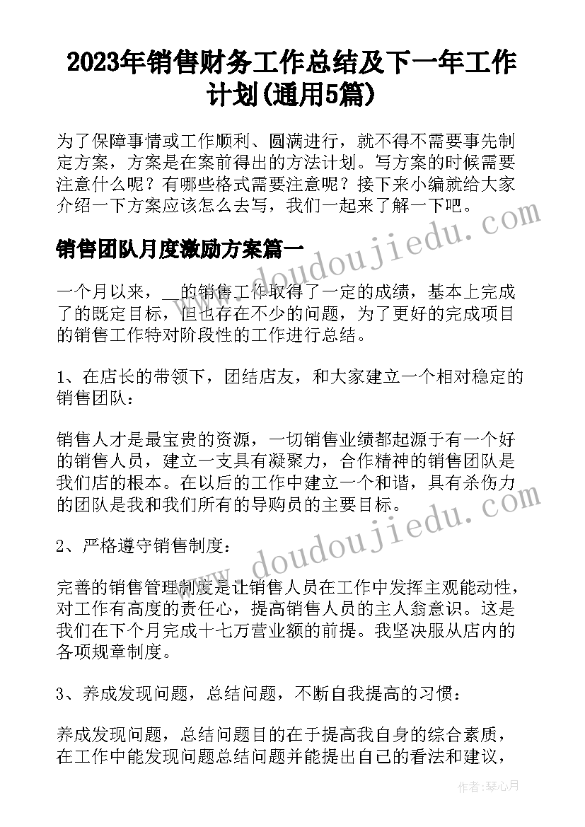 2023年销售财务工作总结及下一年工作计划(通用5篇)