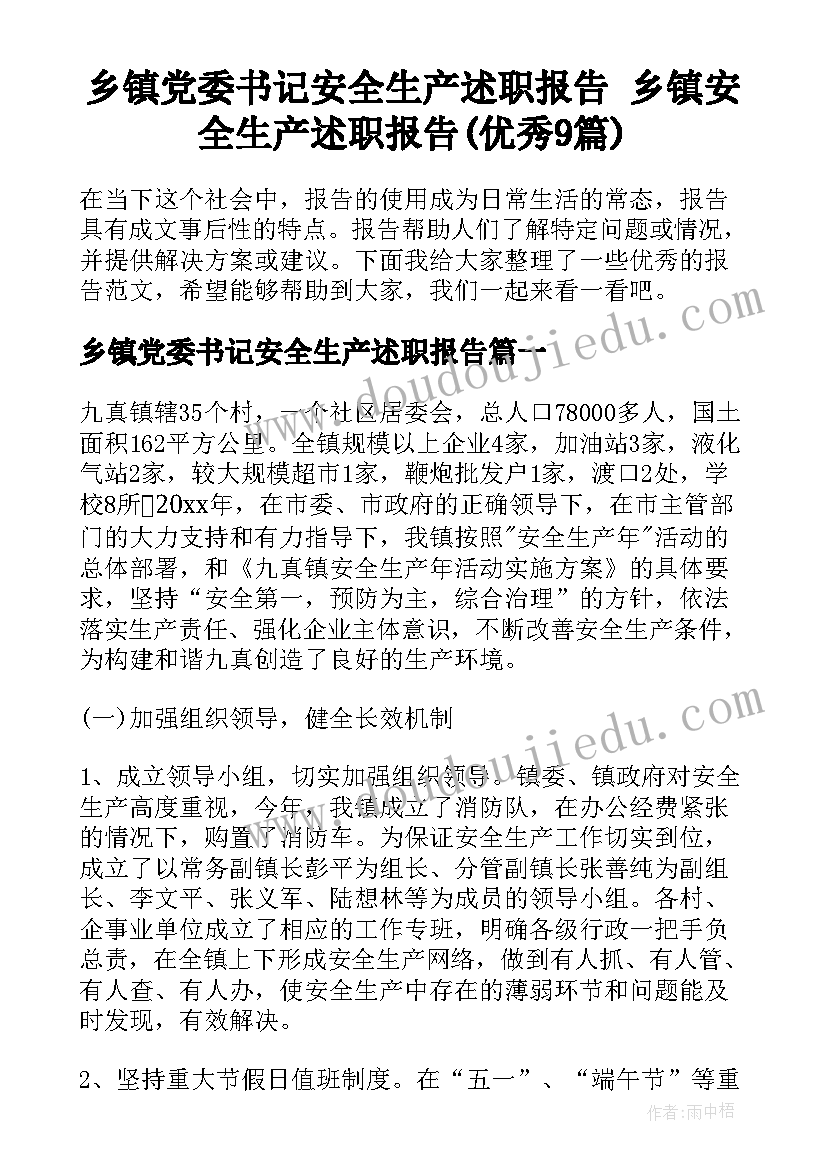 乡镇党委书记安全生产述职报告 乡镇安全生产述职报告(优秀9篇)