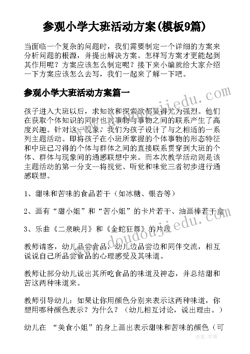 参观小学大班活动方案(模板9篇)