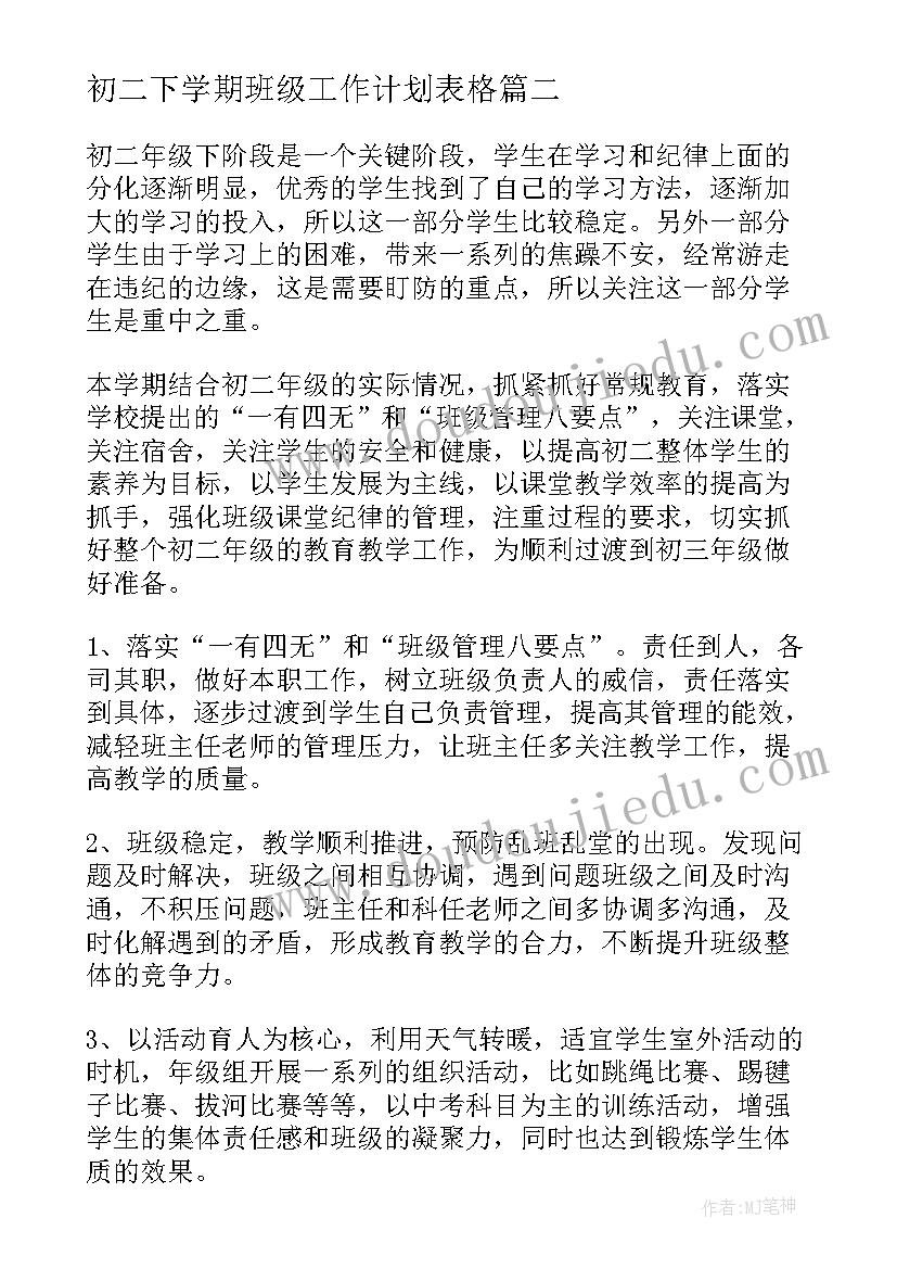 最新初二下学期班级工作计划表格(精选5篇)