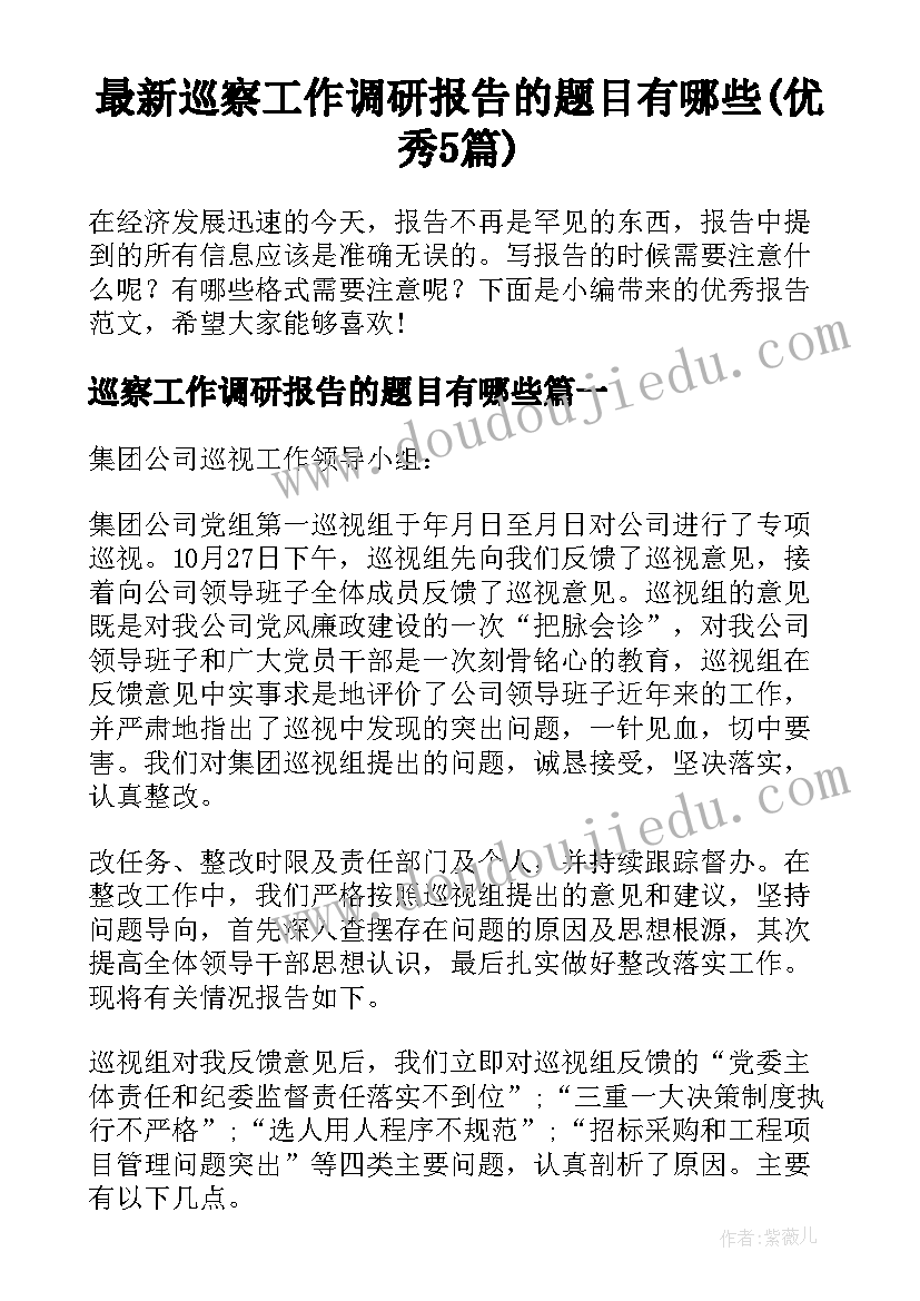 最新巡察工作调研报告的题目有哪些(优秀5篇)