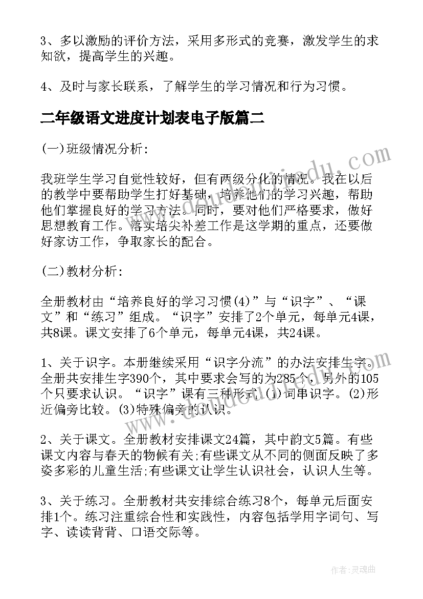 二年级语文进度计划表电子版 二年级语文教学计划进度表(优秀5篇)