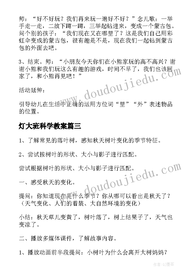 灯大班科学教案 幼儿园科学活动教案(模板6篇)