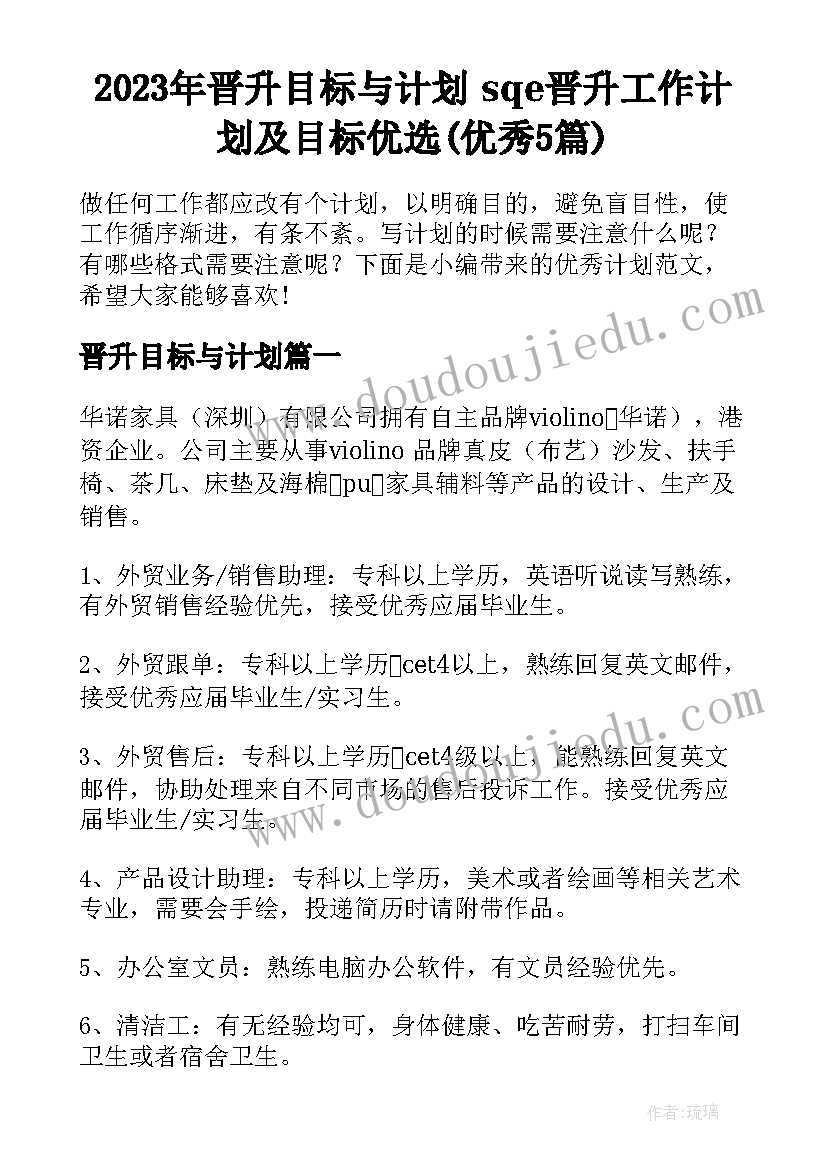 2023年晋升目标与计划 sqe晋升工作计划及目标优选(优秀5篇)