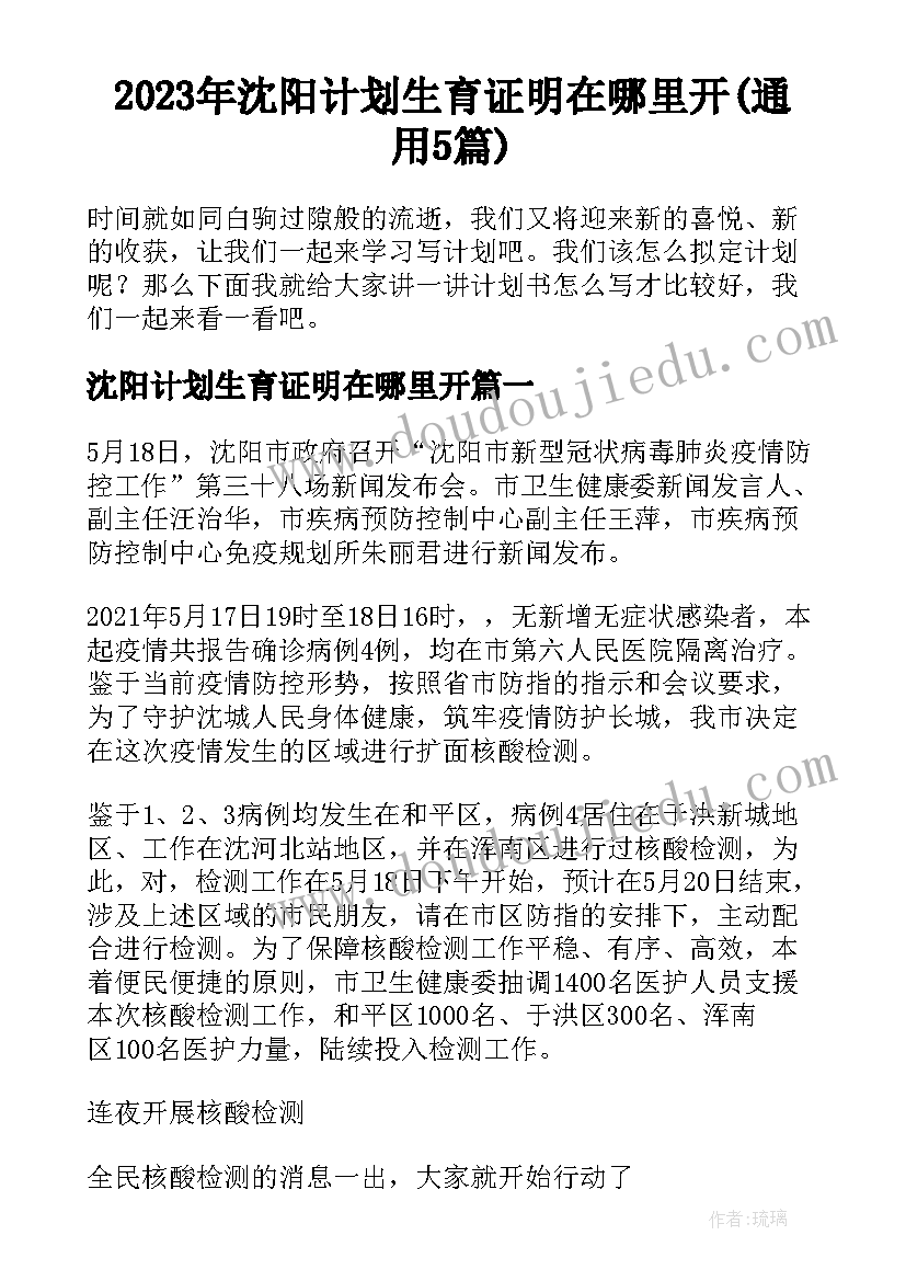 2023年沈阳计划生育证明在哪里开(通用5篇)