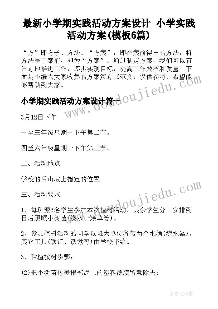 最新小学期实践活动方案设计 小学实践活动方案(模板6篇)