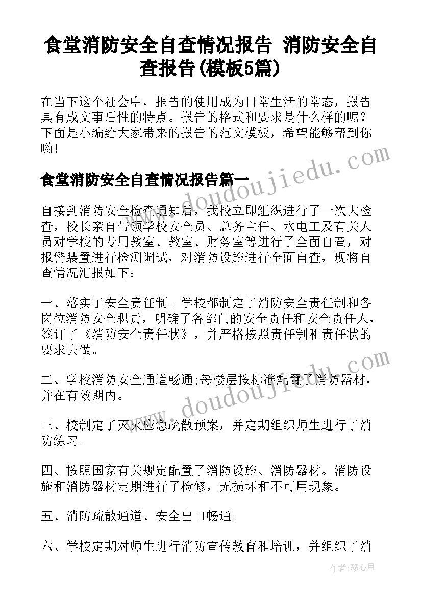 食堂消防安全自查情况报告 消防安全自查报告(模板5篇)