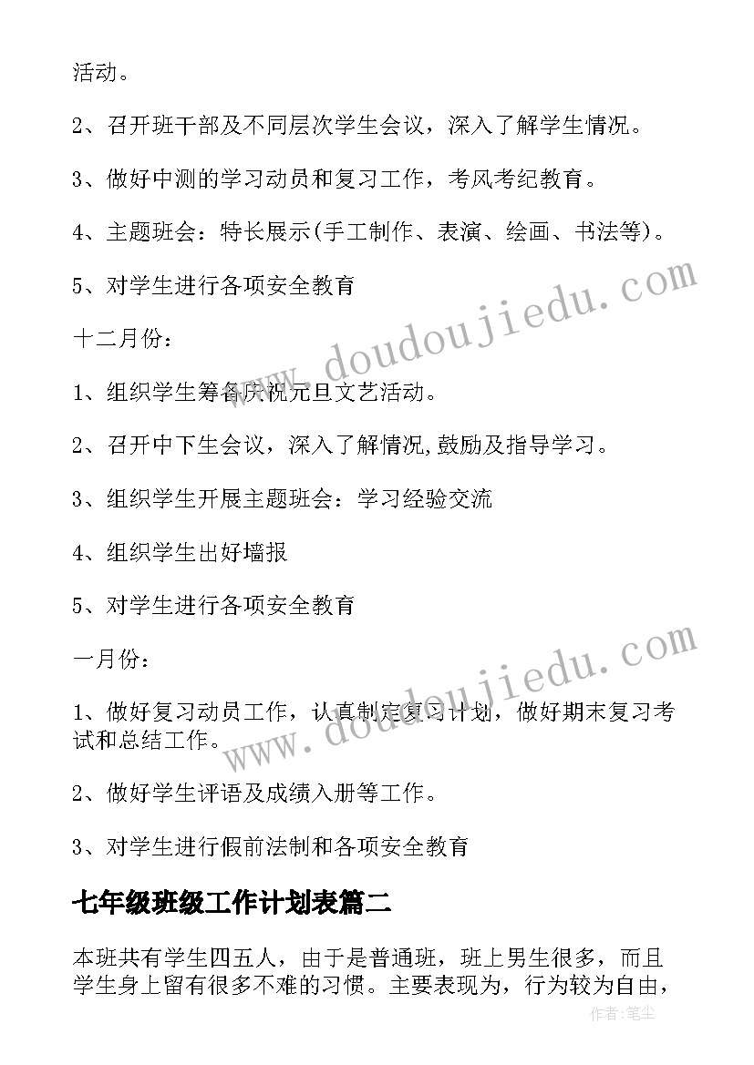 最新七年级班级工作计划表(实用5篇)