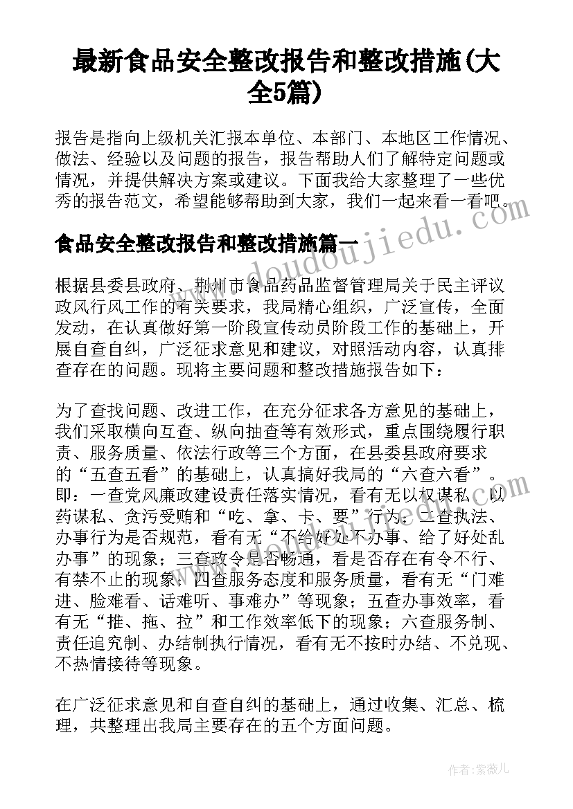 最新食品安全整改报告和整改措施(大全5篇)