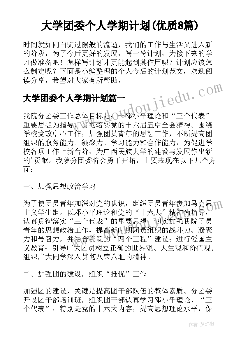 大学团委个人学期计划(优质8篇)