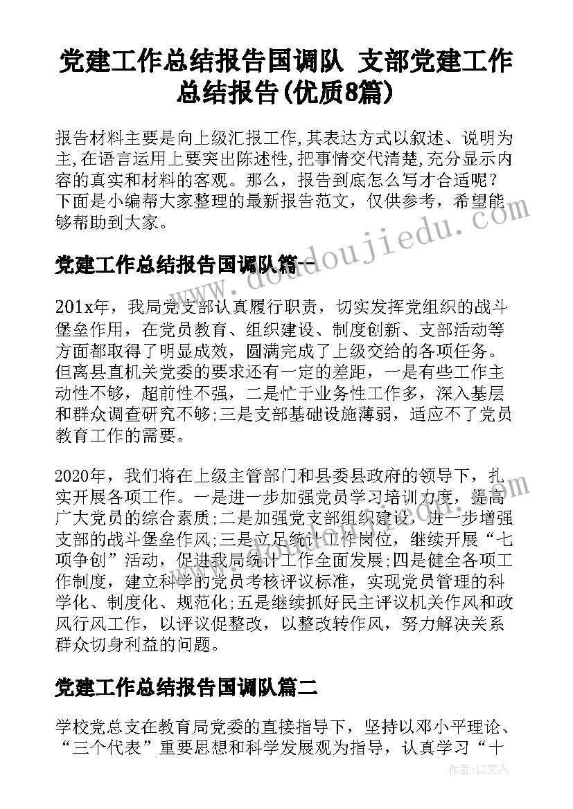 党建工作总结报告国调队 支部党建工作总结报告(优质8篇)