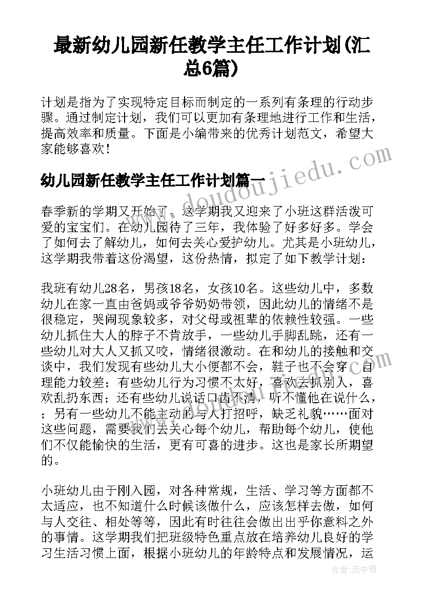 最新幼儿园新任教学主任工作计划(汇总6篇)