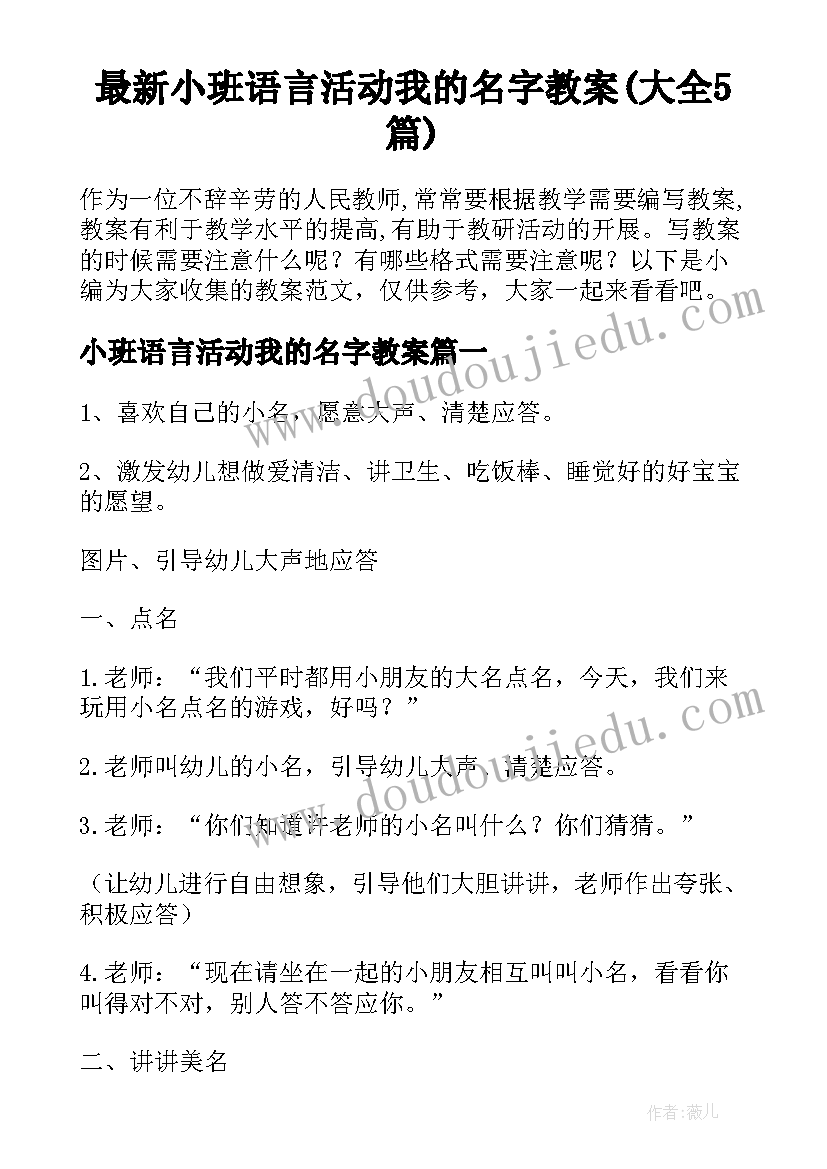 最新小班语言活动我的名字教案(大全5篇)