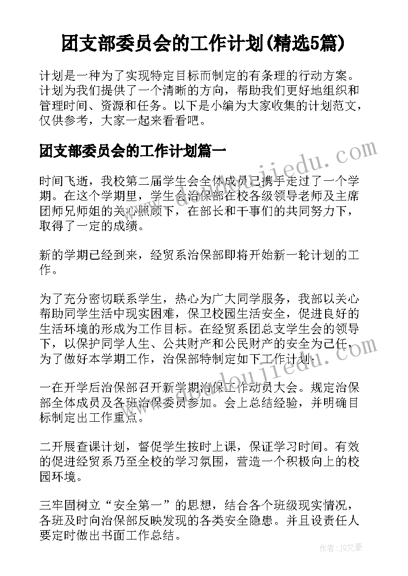 团支部委员会的工作计划(精选5篇)