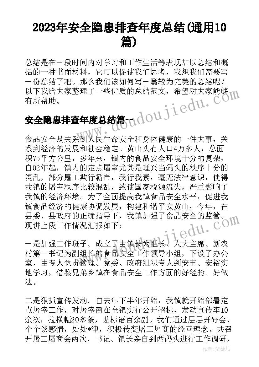 2023年安全隐患排查年度总结(通用10篇)