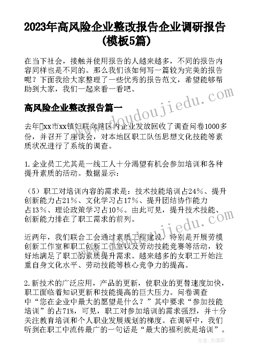 2023年高风险企业整改报告 企业调研报告(模板5篇)