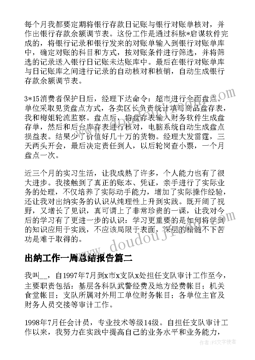 2023年出纳工作一周总结报告(优质10篇)