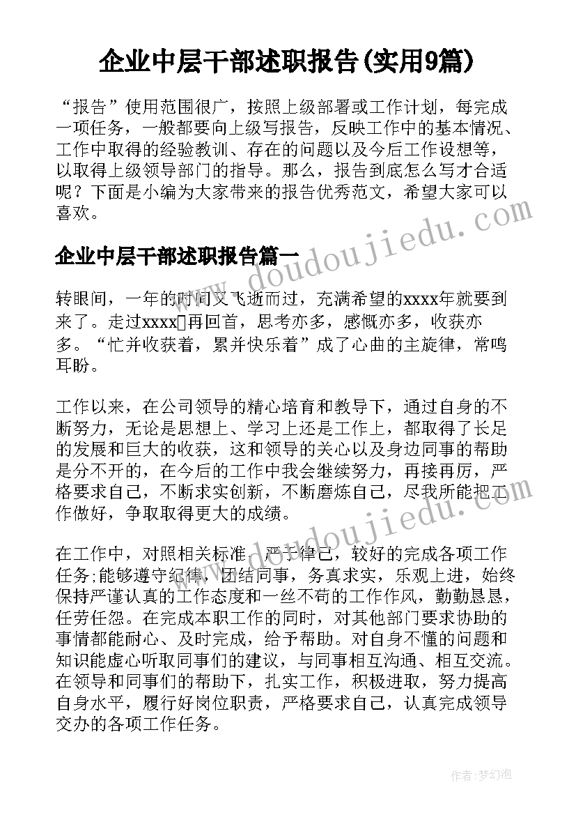 企业中层干部述职报告(实用9篇)