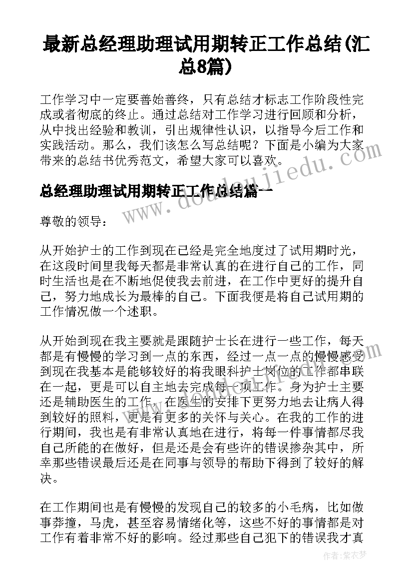 最新总经理助理试用期转正工作总结(汇总8篇)